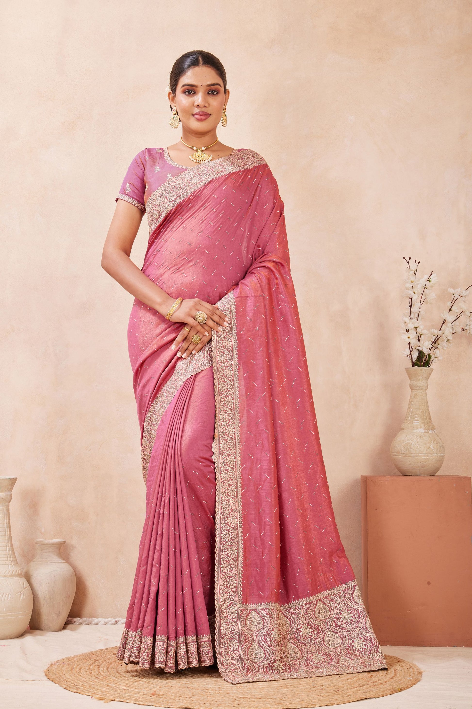 Pink Embroidered Silk Saree with Heavy Zari Border Blouse
