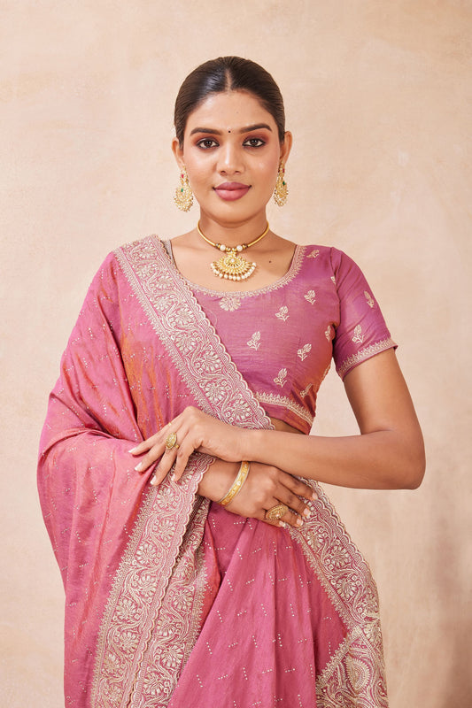 Pink Embroidered Silk Saree with Heavy Zari Border Blouse
