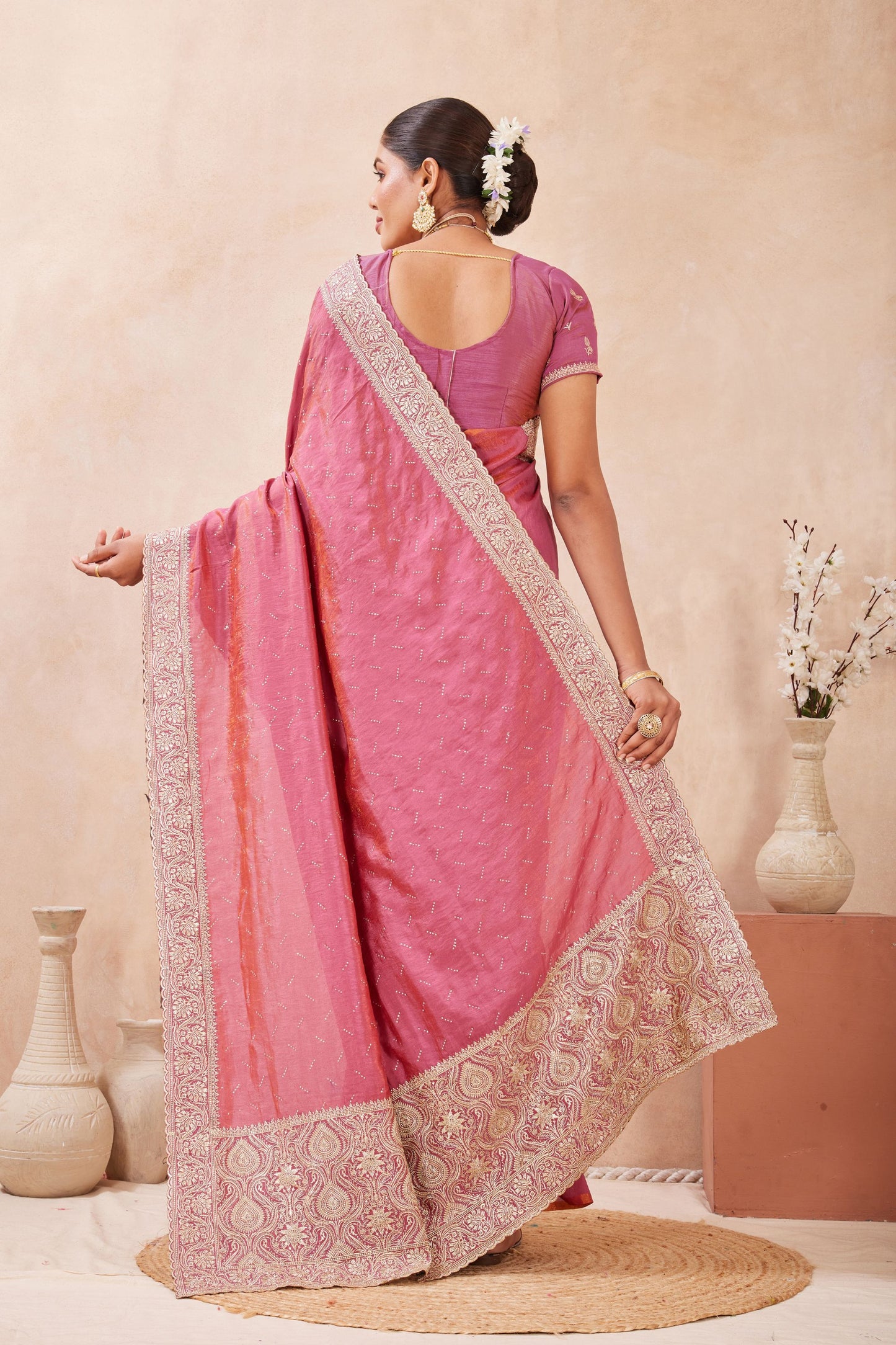 Pink Embroidered Silk Saree with Heavy Zari Border Blouse