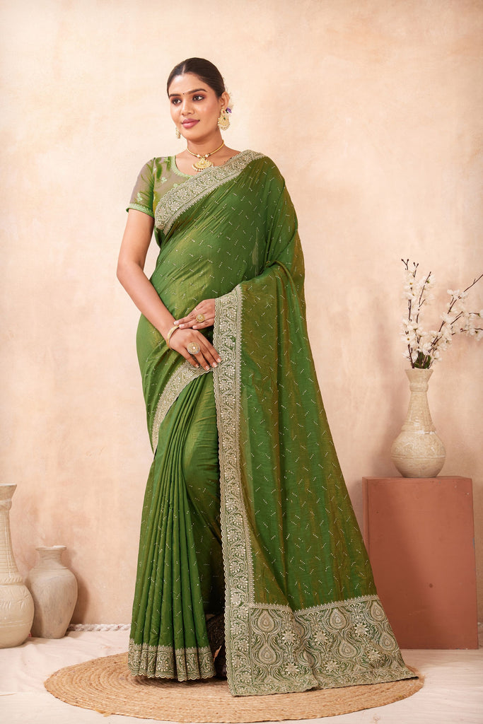 Green Embroidered Silk Saree with Zari Border Blouse