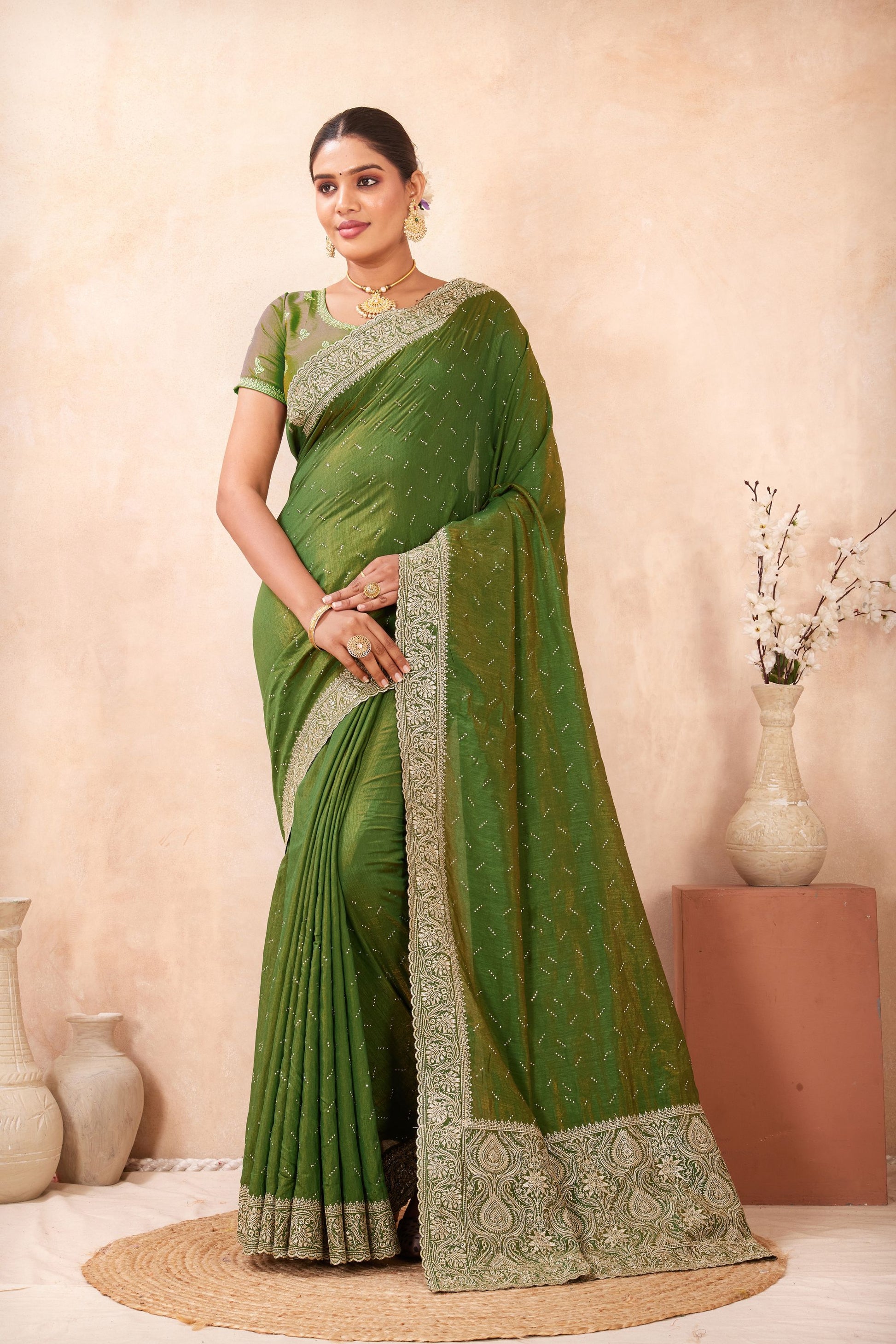 Green Embroidered Silk Saree with Zari Border Blouse