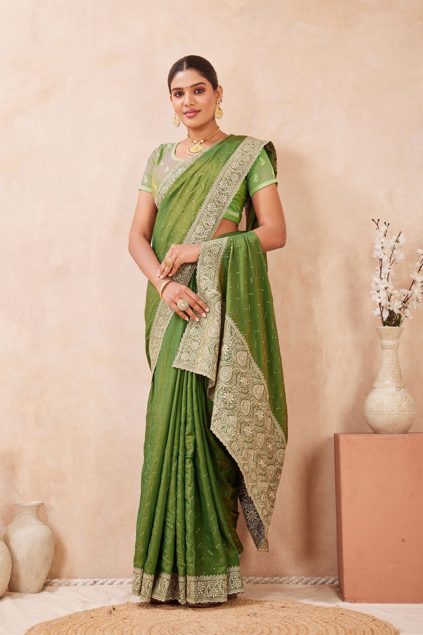 Green Embroidered Silk Saree with Zari Border Blouse