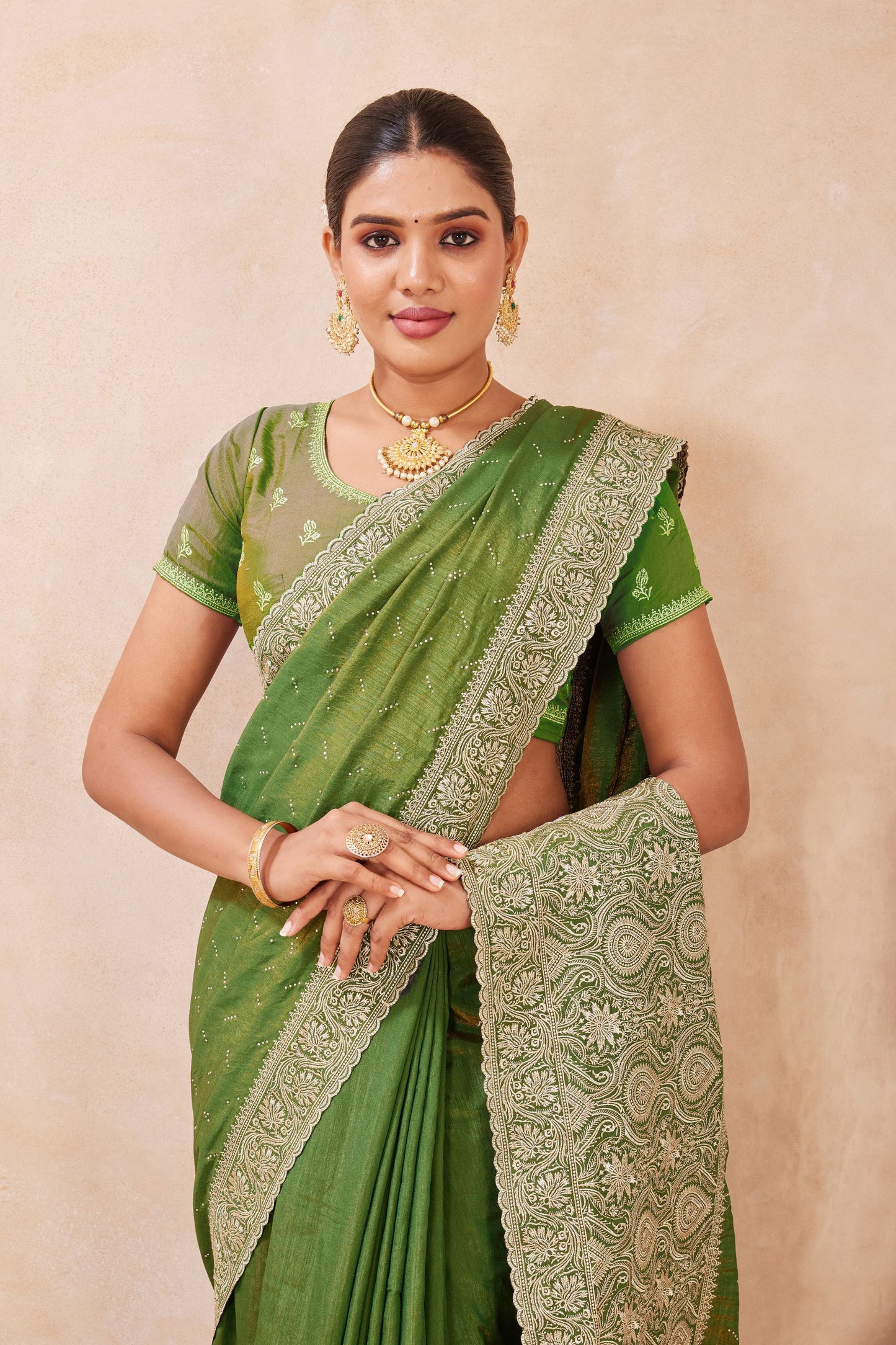 Green Embroidered Silk Saree with Zari Border Blouse