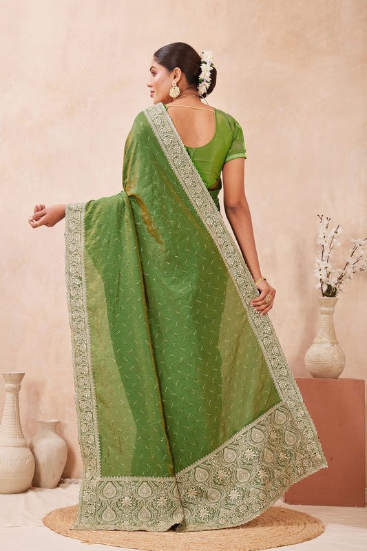 Green Embroidered Silk Saree with Zari Border Blouse
