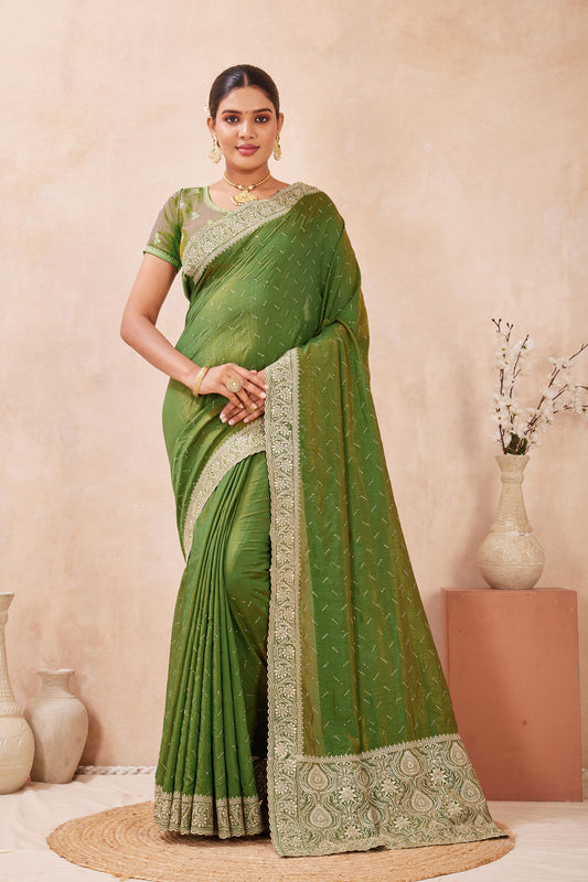 Green Embroidered Silk Saree with Zari Border Blouse