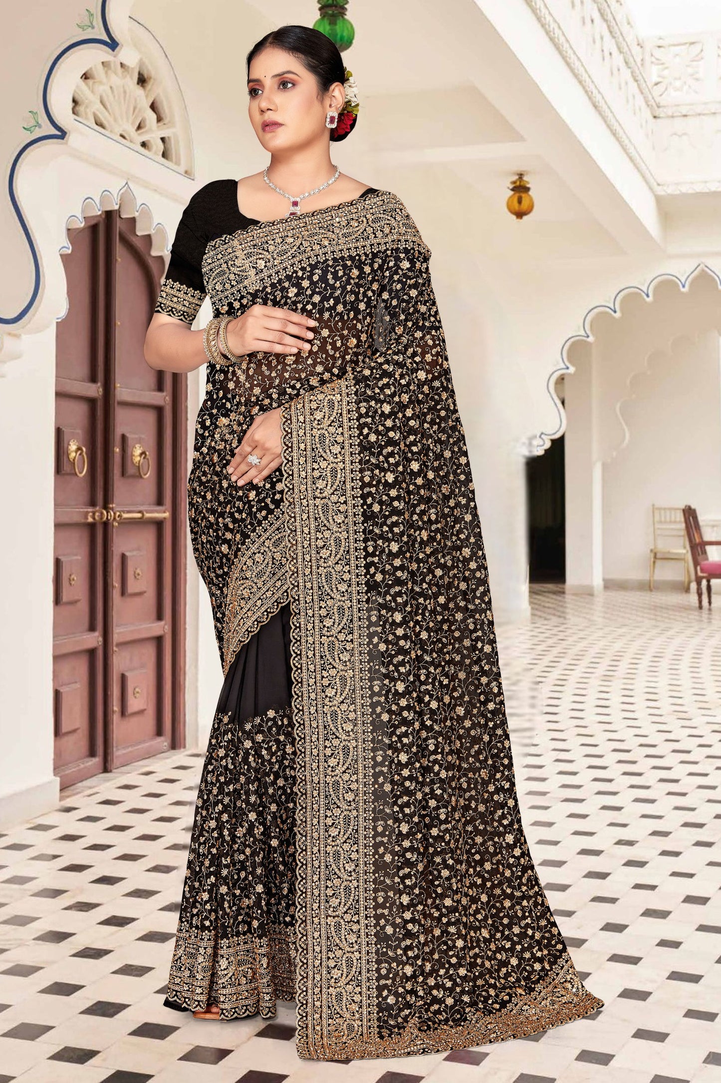 Black Georgette Saree Heavy Gold Embroidery Designer Party Wear Saree