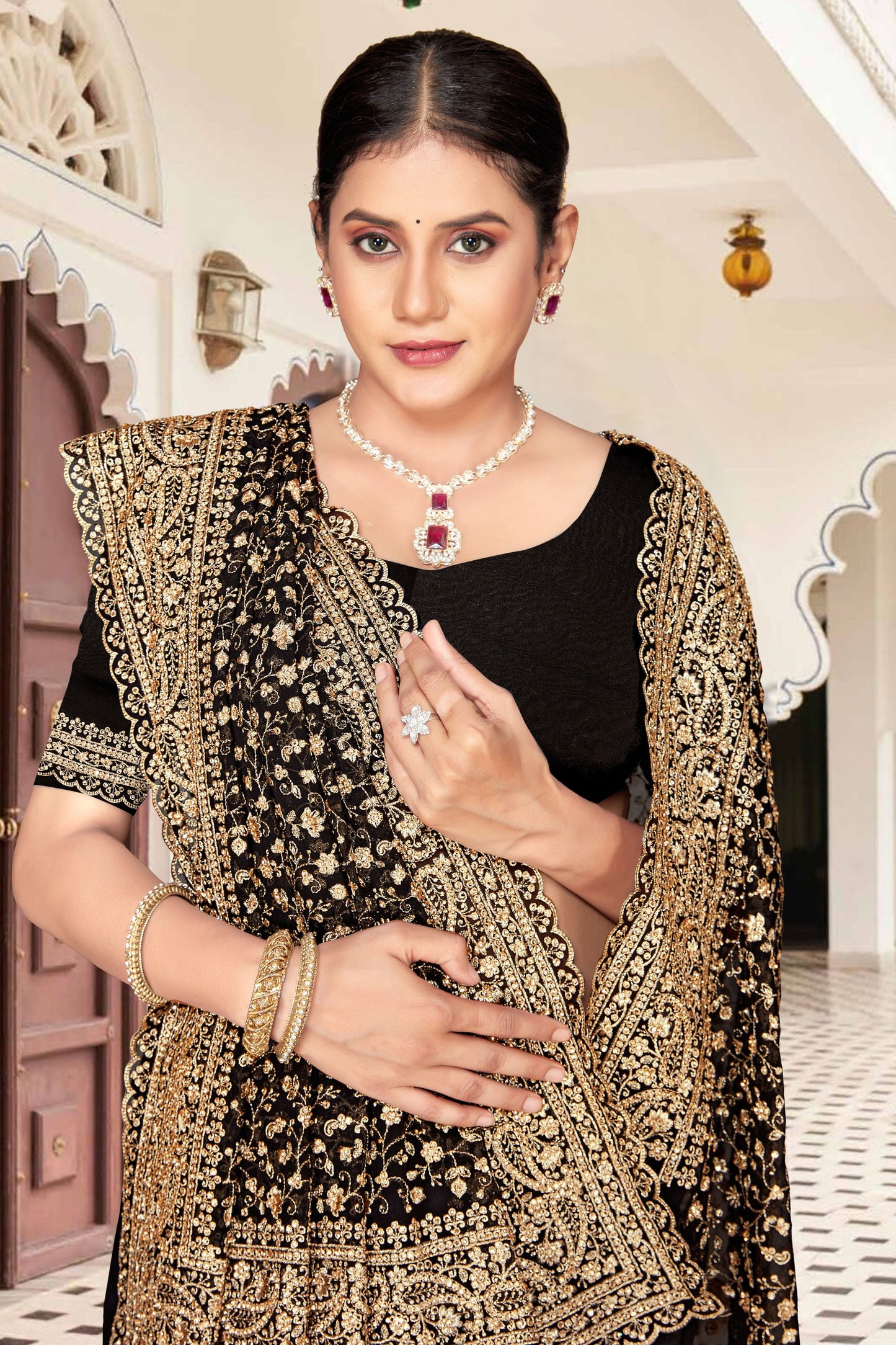 Black Georgette Saree Heavy Gold Embroidery Designer Party Wear Saree