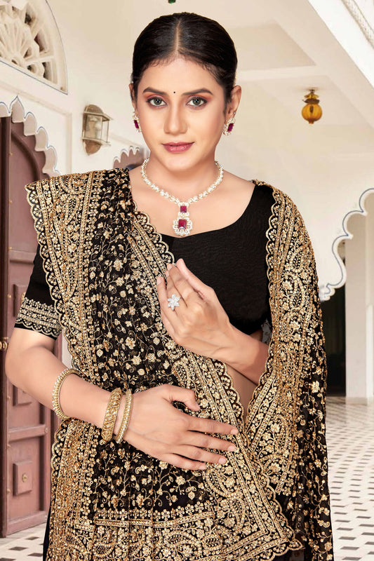 Black Georgette Saree Heavy Gold Embroidery Designer Party Wear Saree