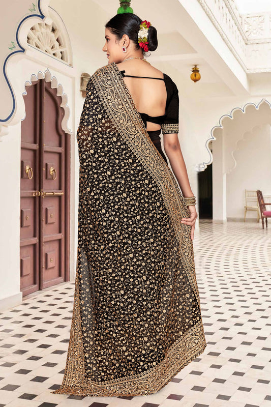 Black Georgette Saree Heavy Gold Embroidery Designer Party Wear Saree