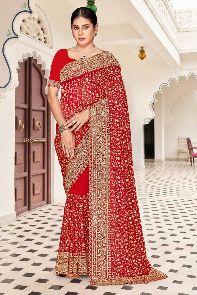 Red Embroidered Saree Heavy Zari Designer Saree with Blouse Piece