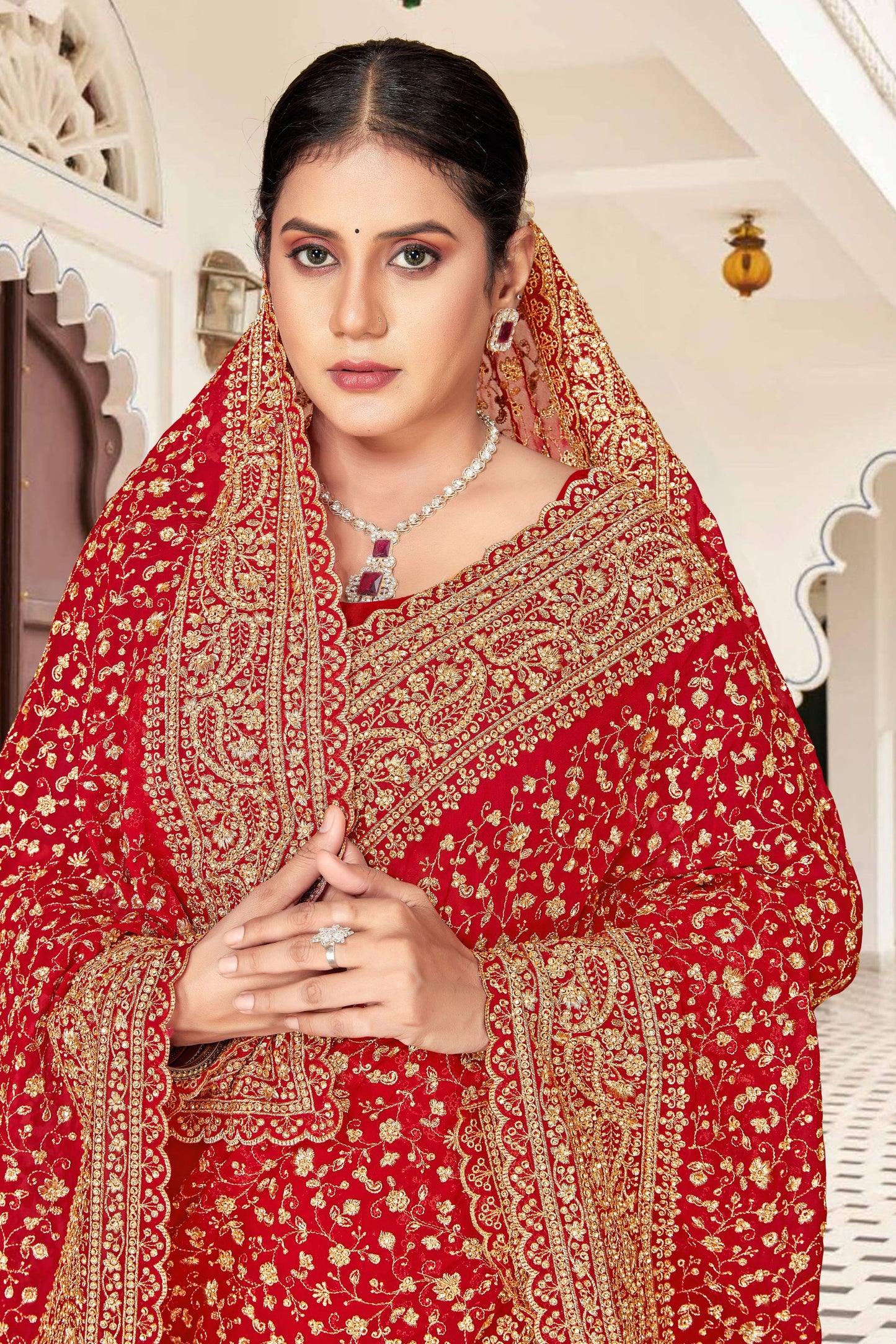 Red Embroidered Saree Heavy Zari Designer Saree with Blouse Piece