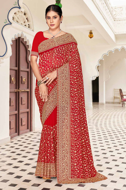 Red Embroidered Saree Heavy Zari Designer Saree with Blouse Piece