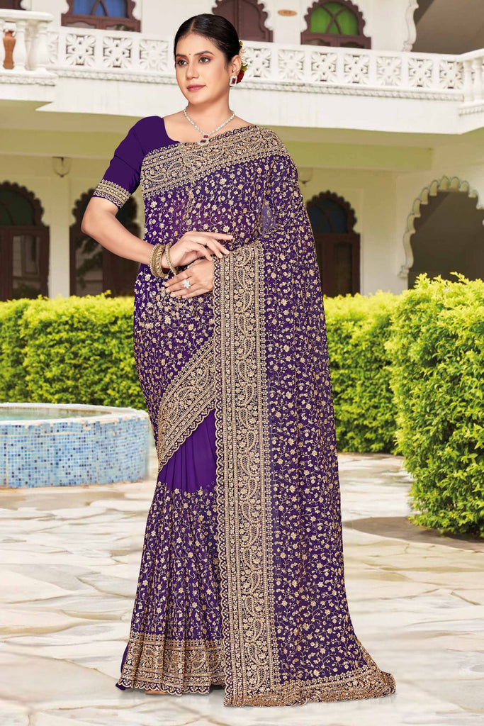 Royal Purple Embroidered Saree Heavy Zari Designer Saree with Blouse Piece