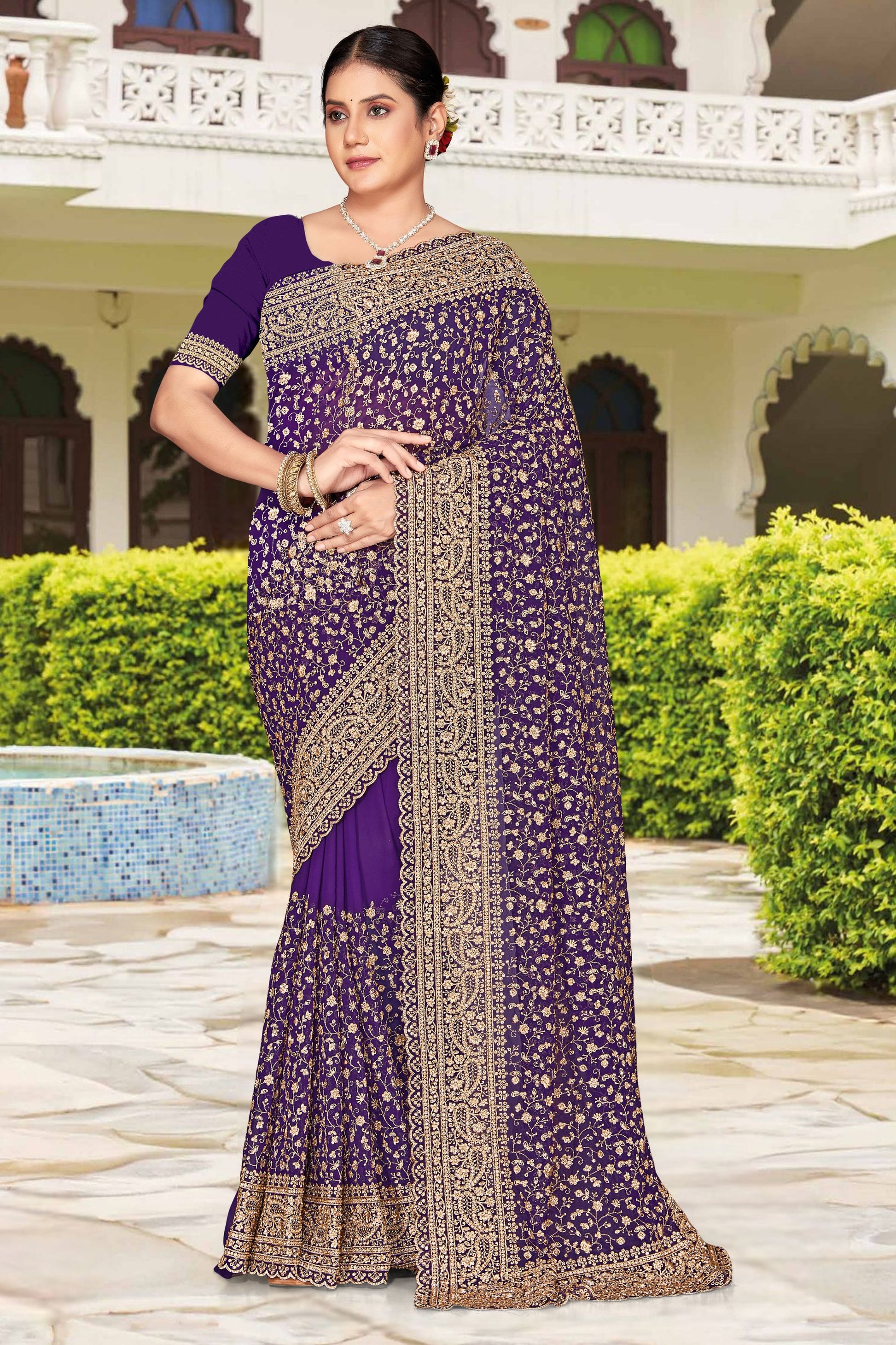Royal Purple Embroidered Saree Heavy Zari Designer Saree with Blouse Piece