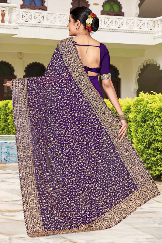 Royal Purple Embroidered Saree Heavy Zari Designer Saree with Blouse Piece