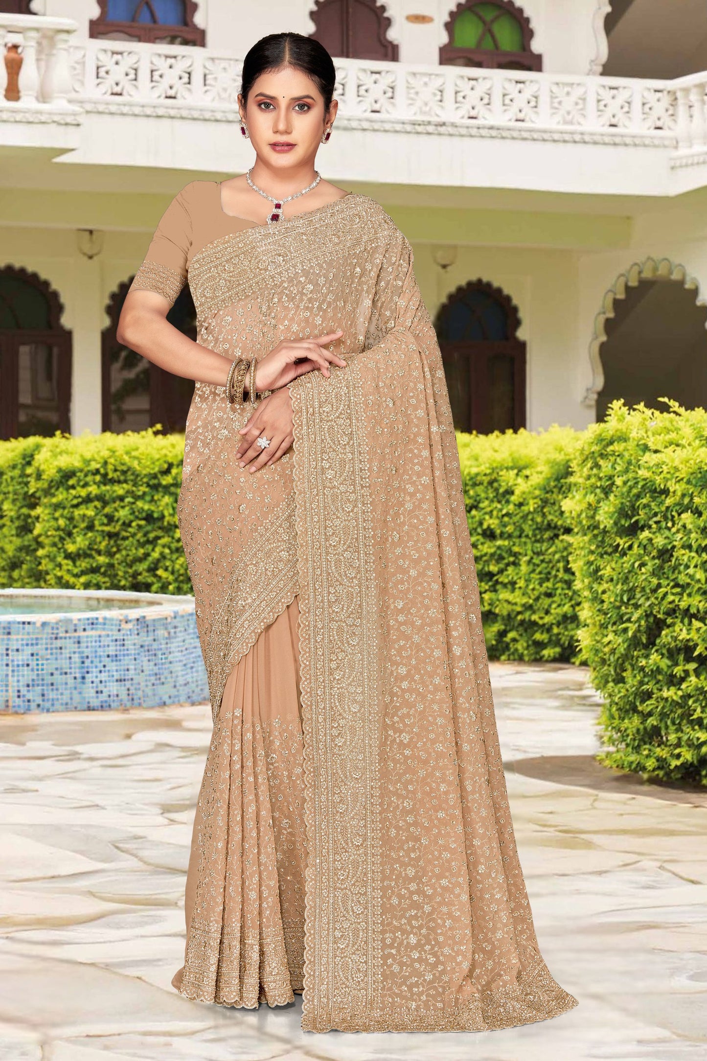 Beige Embroidered Saree Heavy Zari Designer Saree with Blouse Piece