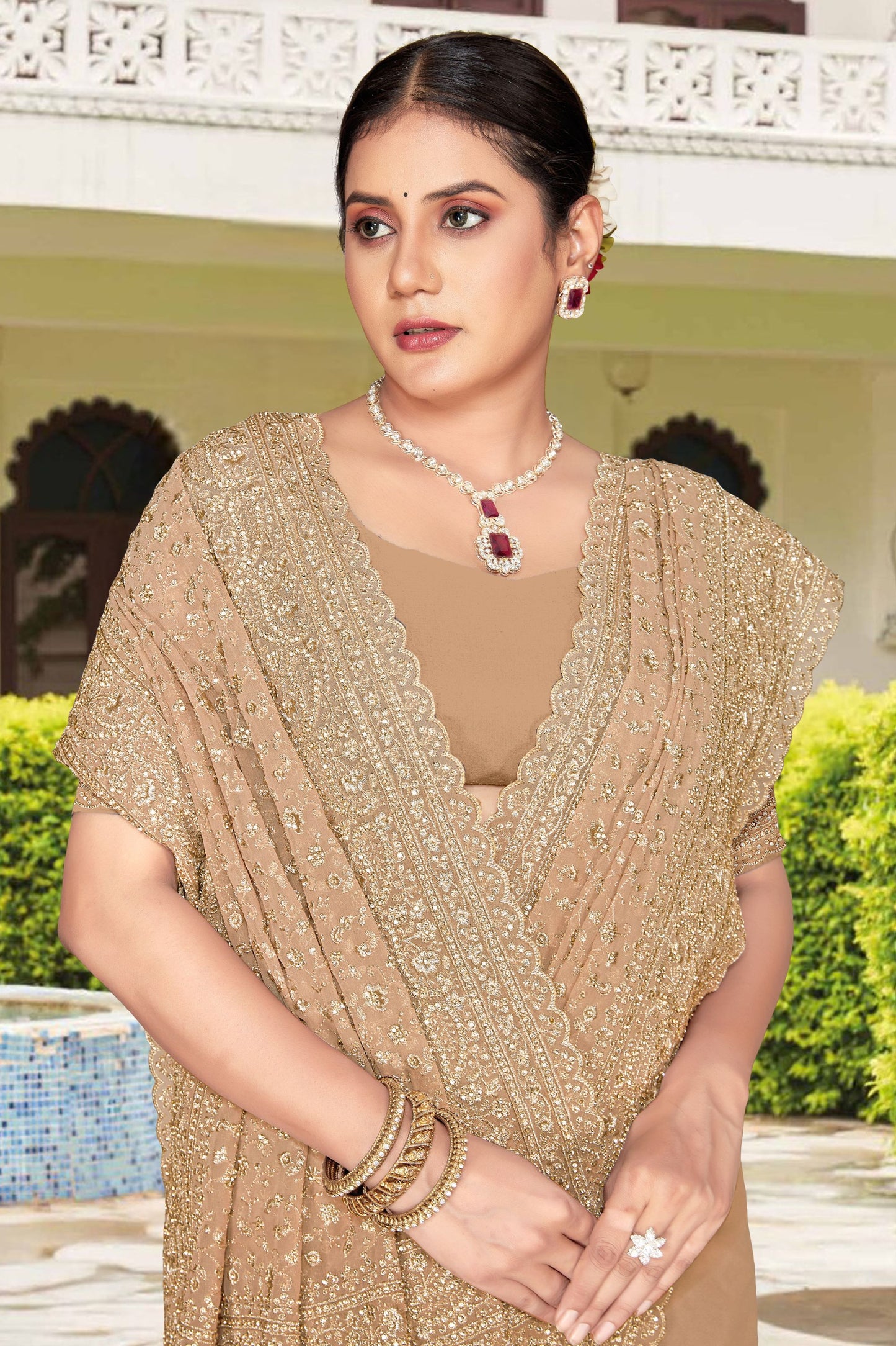 Beige Embroidered Saree Heavy Zari Designer Saree with Blouse Piece