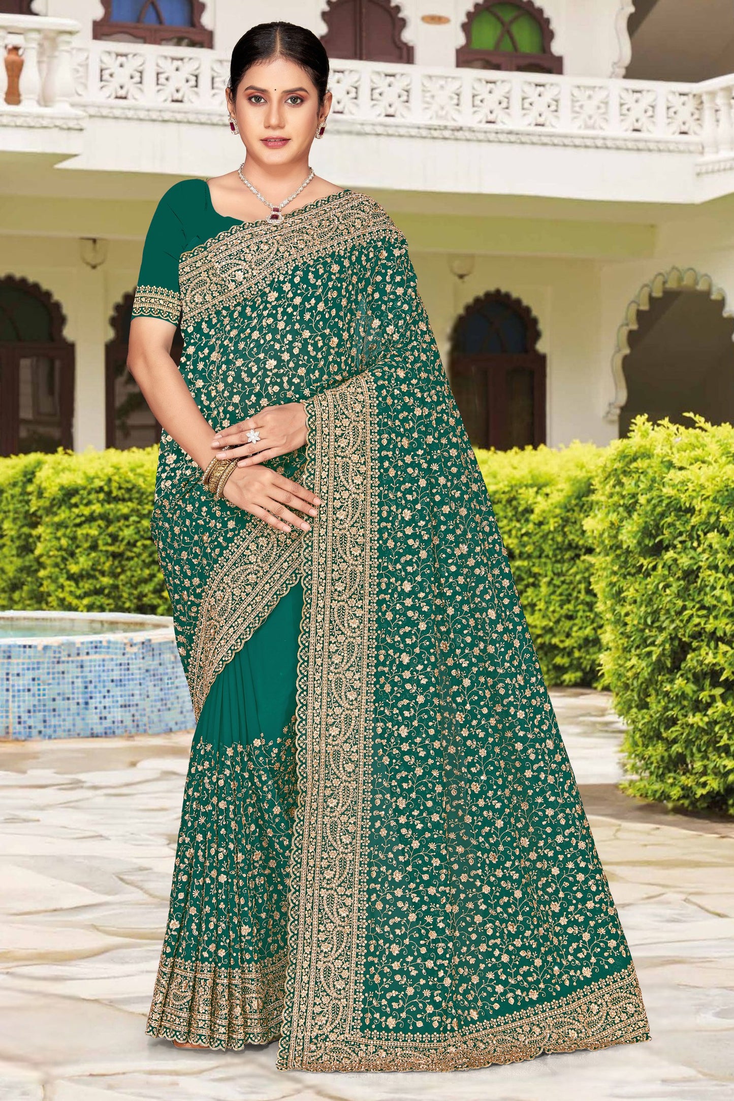 Green Embroidered Saree Heavy Zari Work Designer Saree