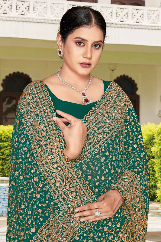 Green Embroidered Saree Heavy Zari Work Designer Saree