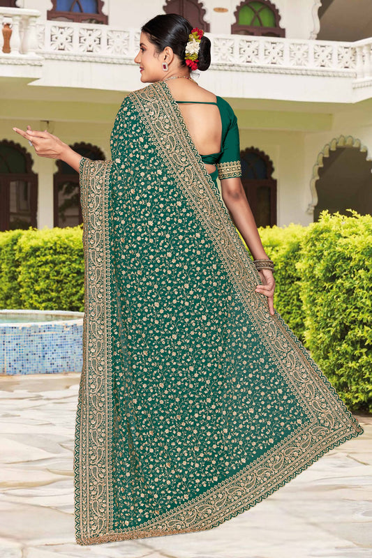 Green Embroidered Saree Heavy Zari Work Designer Saree