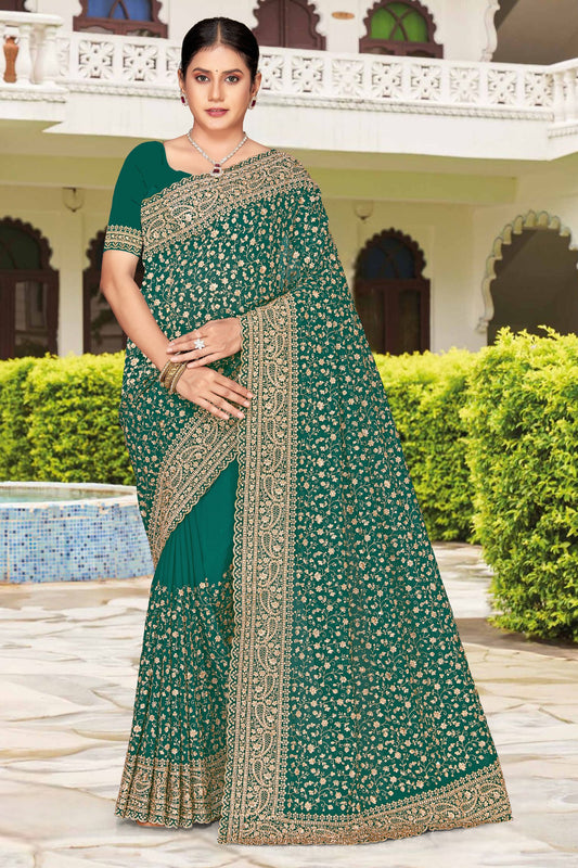 Green Embroidered Saree Heavy Zari Work Designer Saree