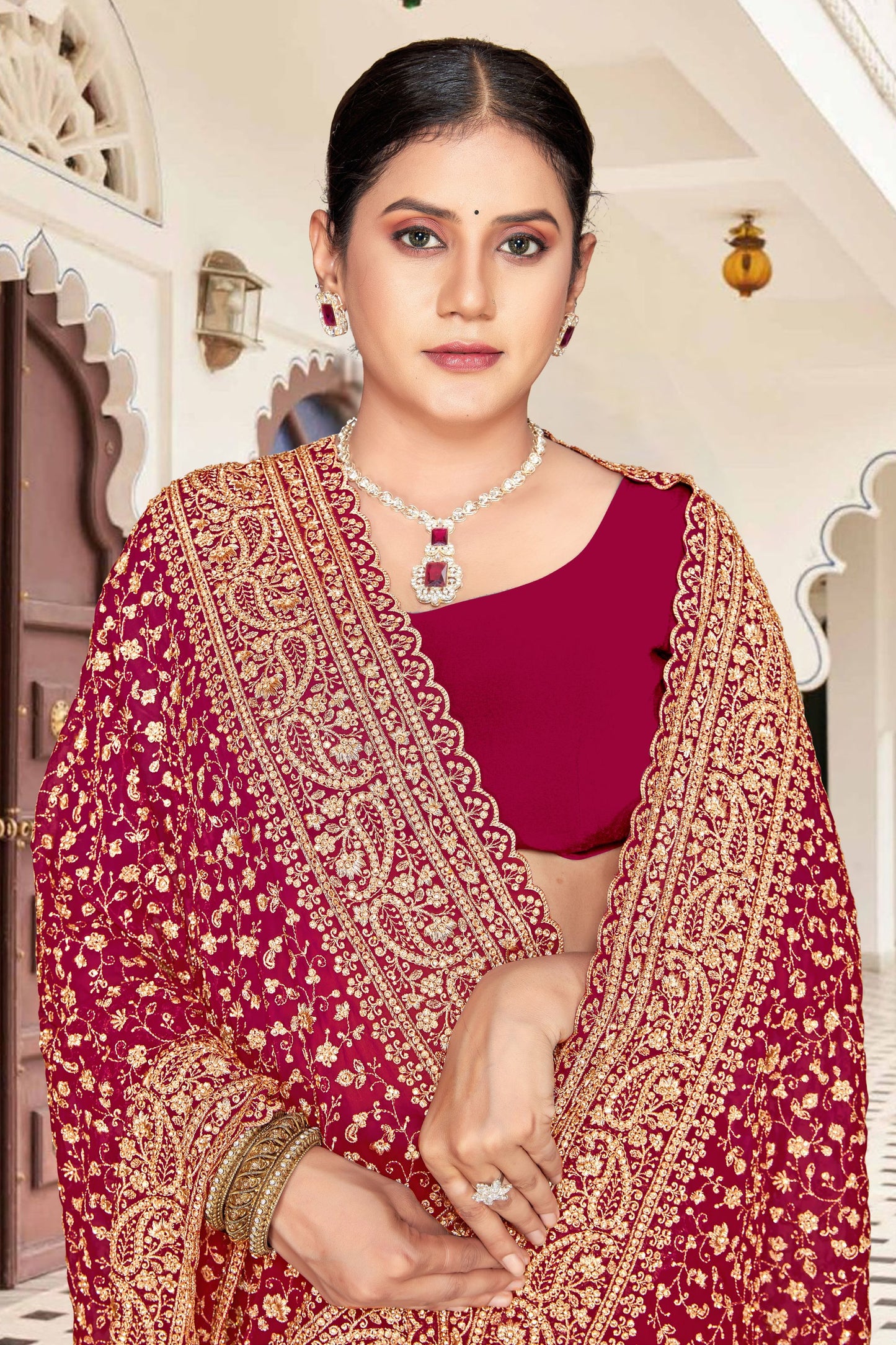 Maroon Embroidered Saree Heavy Zari Designer Saree