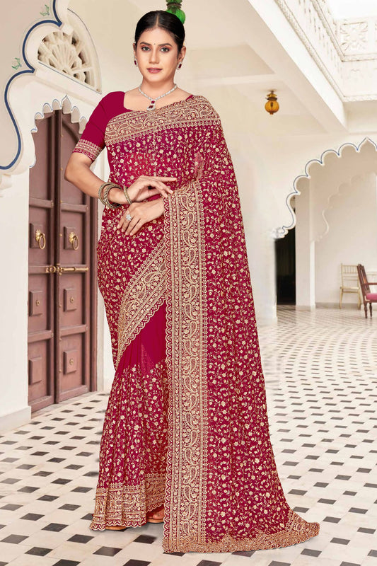 Maroon Embroidered Saree Heavy Zari Designer Saree