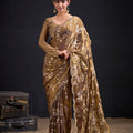  Golden Brown Satin Silk Saree with Floral Print Designer Blouse 