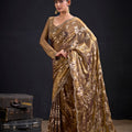 Golden Brown Satin Silk Saree with Floral Print Designer Blouse