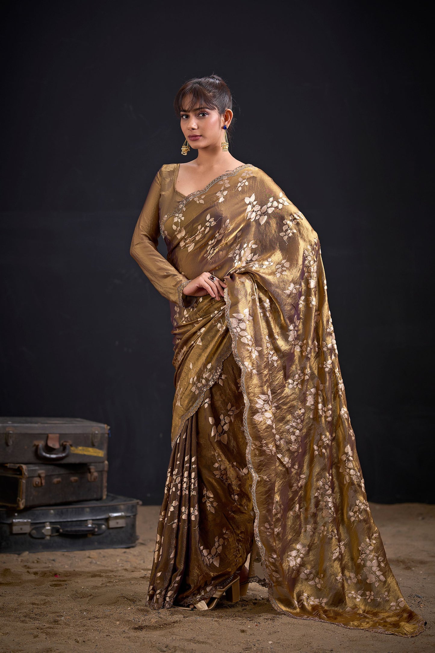 Golden Brown Satin Silk Saree with Floral Print Designer Blouse