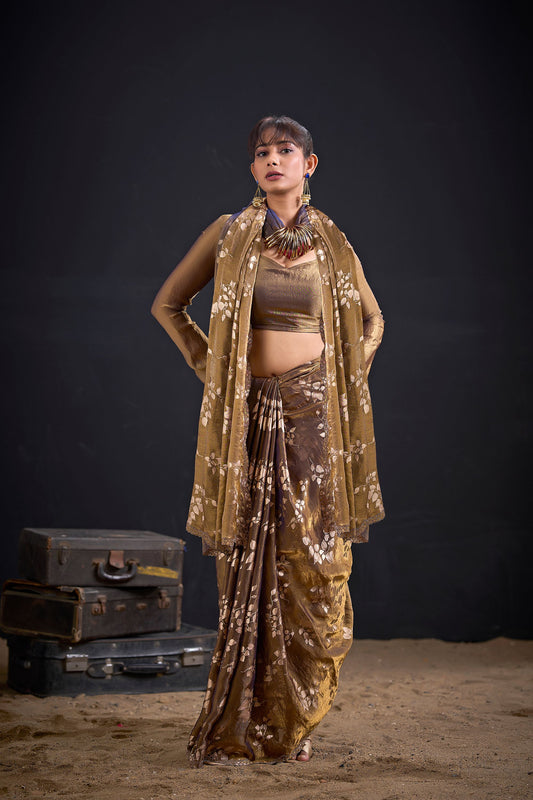 Golden Brown Satin Silk Saree with Floral Print Designer Blouse