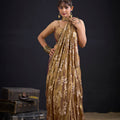 Golden Brown Satin Silk Saree with Floral Print Designer Blouse