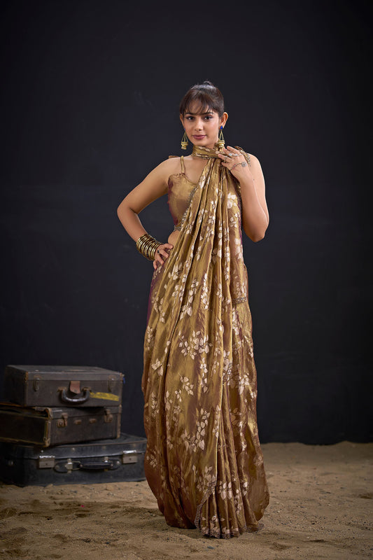 Golden Brown Satin Silk Saree with Floral Print Designer Blouse