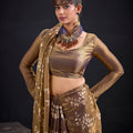 Golden Brown Satin Silk Saree with Floral Print Designer Blouse