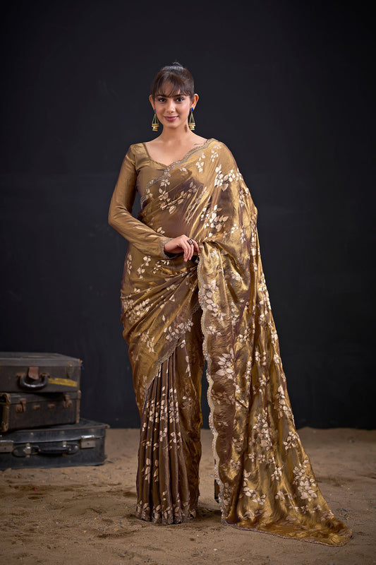  Golden Brown Satin Silk Saree with Floral Print Designer Blouse 
