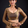 Golden Brown Satin Silk Saree with Floral Print Designer Blouse