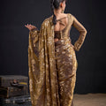 Golden Brown Satin Silk Saree with Floral Print Designer Blouse