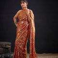 Elegant Rust Orange Satin Silk Saree with Floral Print Designer Blouse