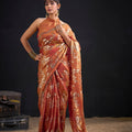Elegant Rust Orange Satin Silk Saree with Floral Print Designer Blouse