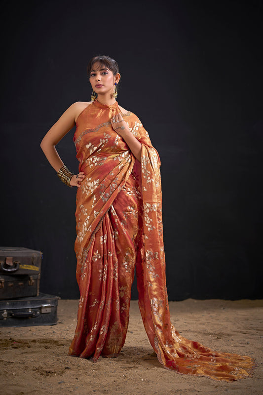 Elegant Rust Orange Satin Silk Saree with Floral Print Designer Blouse