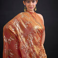 Elegant Rust Orange Satin Silk Saree with Floral Print Designer Blouse