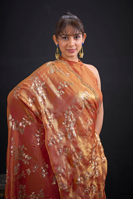 Elegant Rust Orange Satin Silk Saree with Floral Print Designer Blouse
