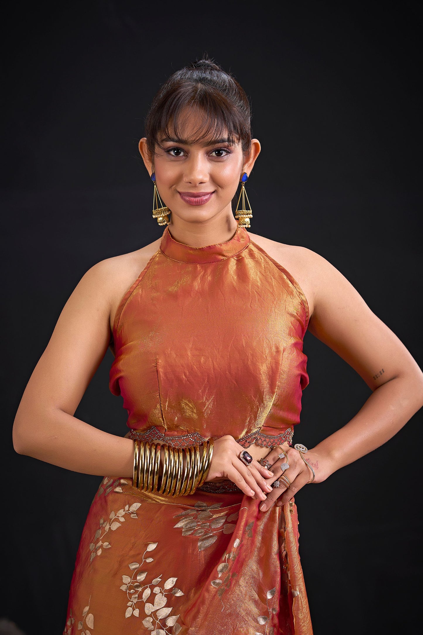 Elegant Rust Orange Satin Silk Saree with Floral Print Designer Blouse