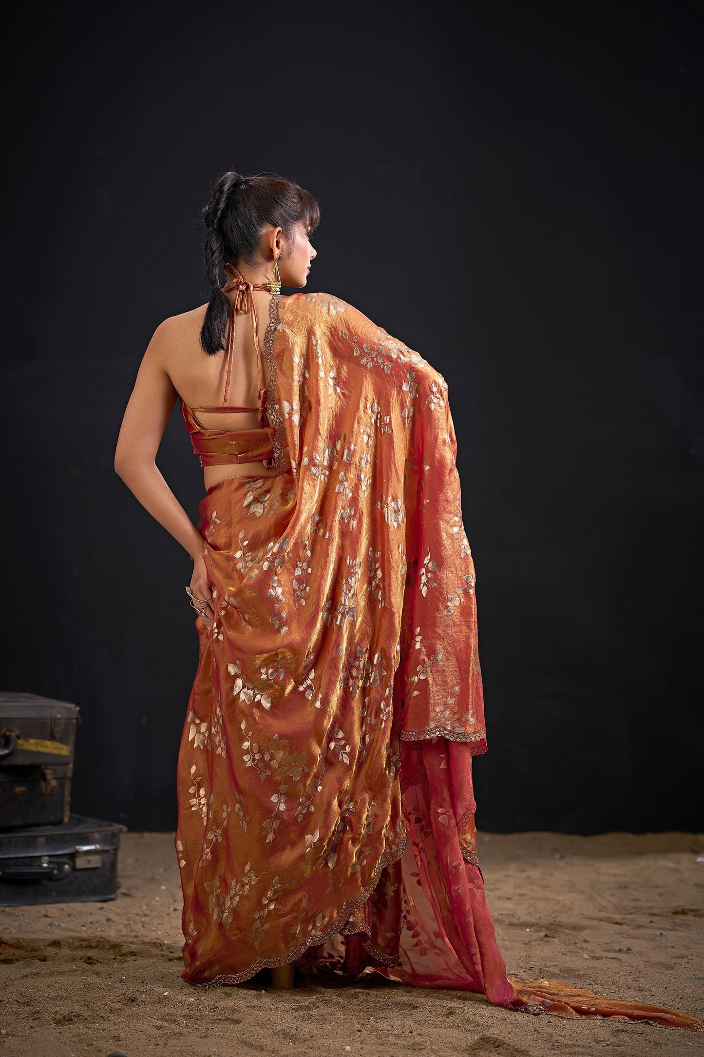Elegant Rust Orange Satin Silk Saree with Floral Print Designer Blouse