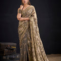  Olive Gold Satin Silk Saree with Floral Print Designer Blouse 