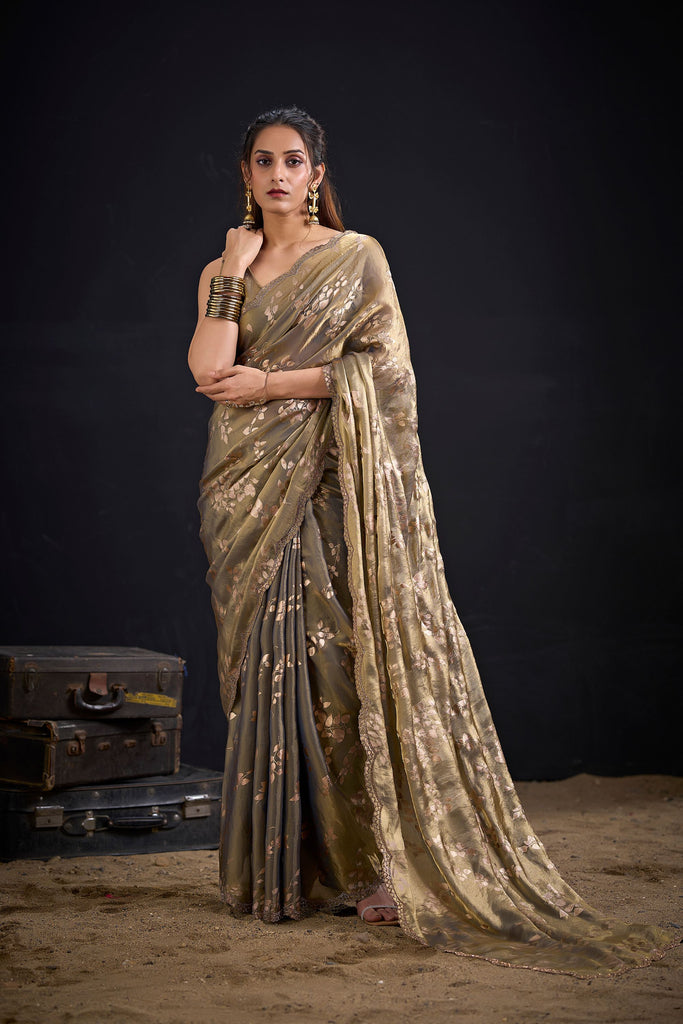  Olive Gold Satin Silk Saree with Floral Print Designer Blouse 