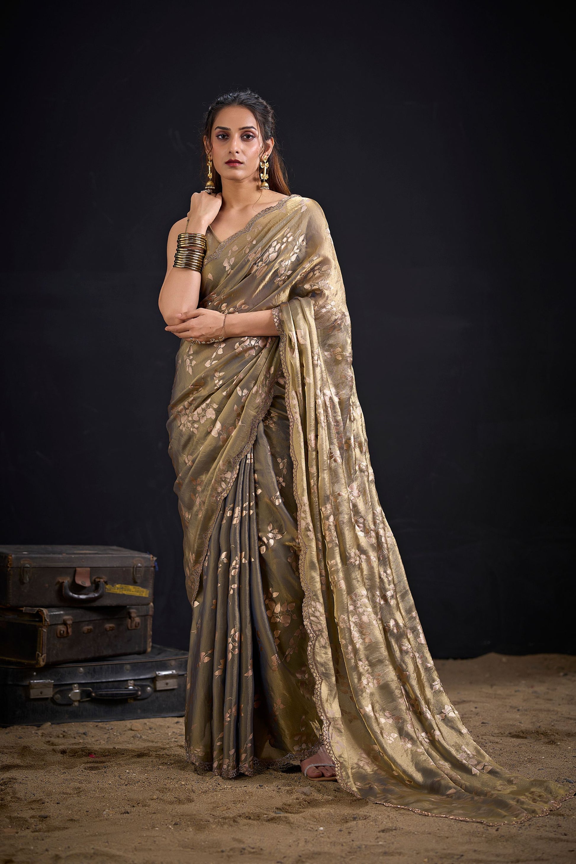  Olive Gold Satin Silk Saree with Floral Print Designer Blouse 