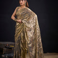 Olive Gold Satin Silk Saree with Floral Print Designer Blouse