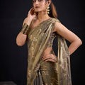 Olive Gold Satin Silk Saree with Floral Print Designer Blouse