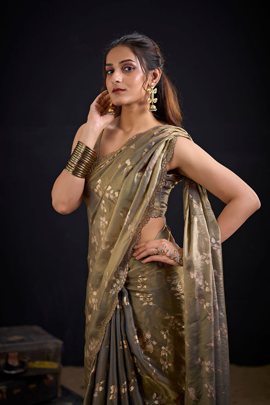 Olive Gold Satin Silk Saree with Floral Print Designer Blouse